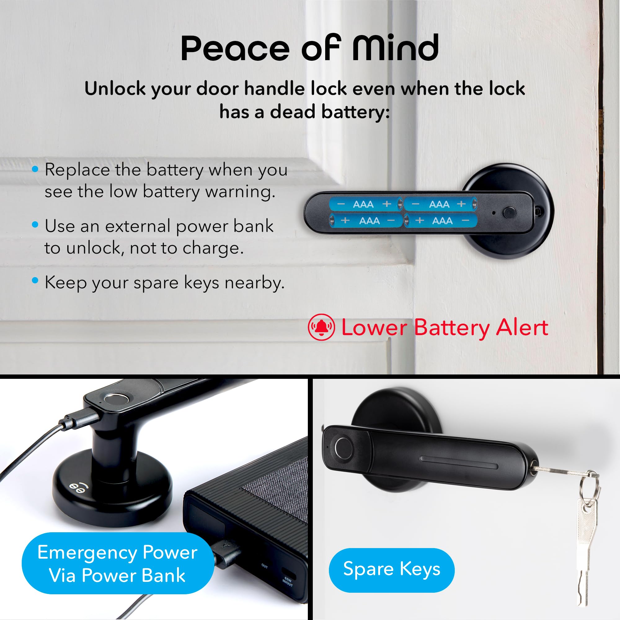 Geeni Smart Fingerprint Door Lock, Battery-Powered Keyless Entry Door Knob Handle with Biometric Finger Print, 2 Keys, Bluetooth Interior/Exterior Bedroom Door Lock, Black - Image 7